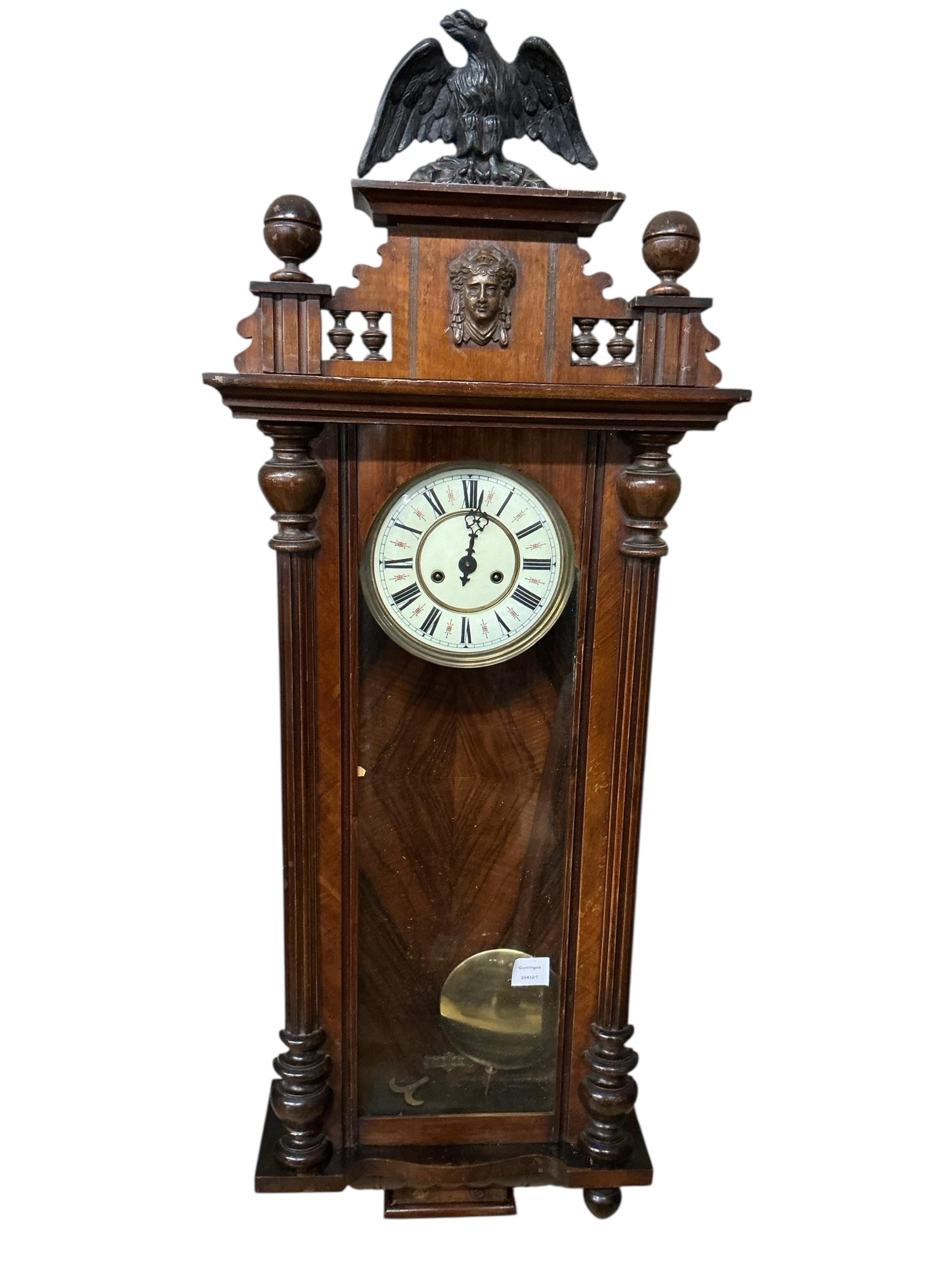 An early 20th century walnut Vienna regulator wall clock, height 128cm